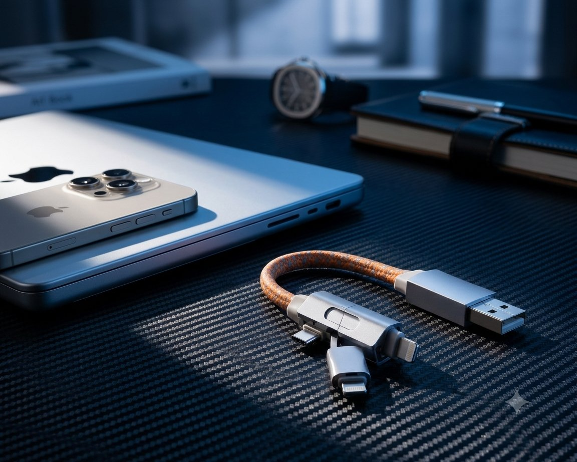 FlexCharge cable on carbon fiber desk with MacBook and iPhone